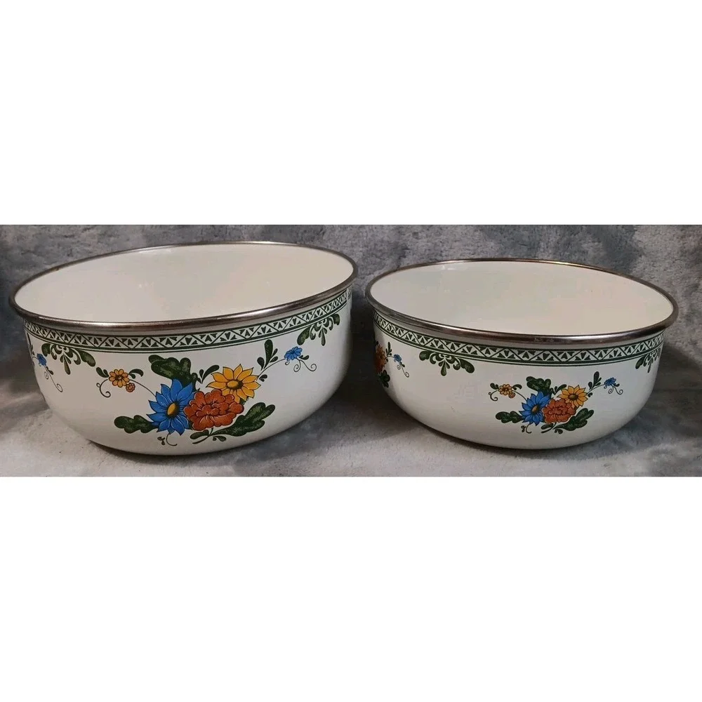 2 Vintage Enamal Mixing Bowls Green Leaves Orange Yellow Blue Flowers‎